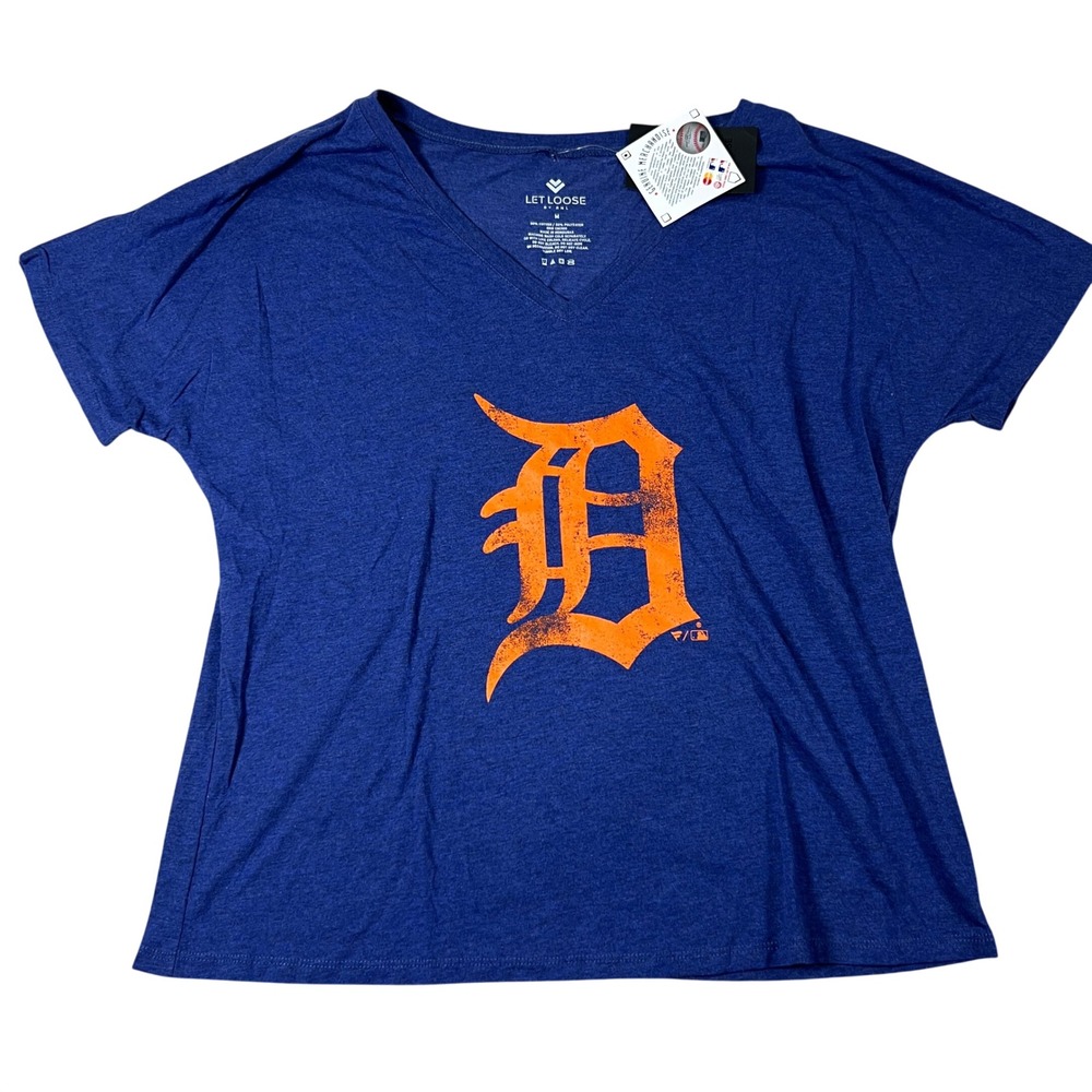 Let Loose by RNL Detroit Tigers Womens Blue V-Neck Graphic T-Shirt Size M NWT